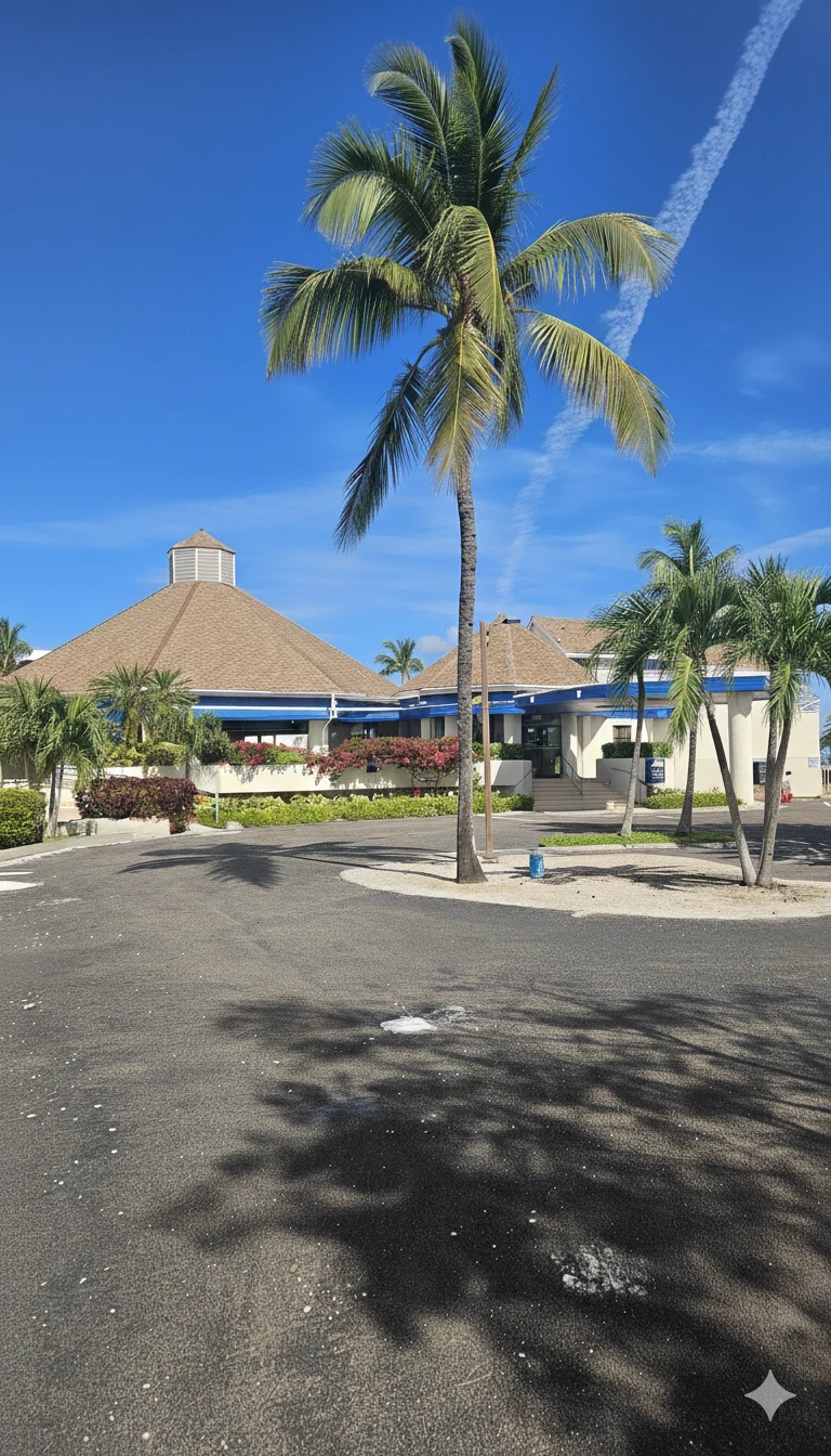 Clubhouse with blue awnings and palm trees